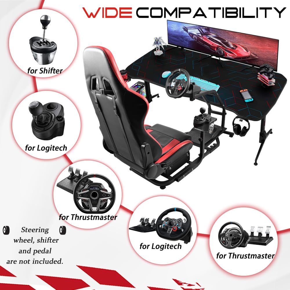 Marada Racing Simulator Cockpit with Adjustable Leather Gaming Race Seat Fit for Logitech G25 G27 G29 G923, for Thrustmaster T248 T300RS TX F458 T128,Steering Driving Car Stand No Wheel Pedal Shifter