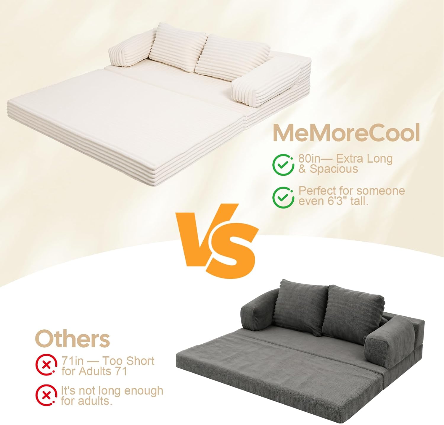 MeMoreCool Convertible Sofa Bed, Folding Floor Couch Bed Queen, Pull Out Sleeper Couch with Pillows, Fold Out Futon Sofa for Bedroom Living Room Small Space, Corduroy Beige