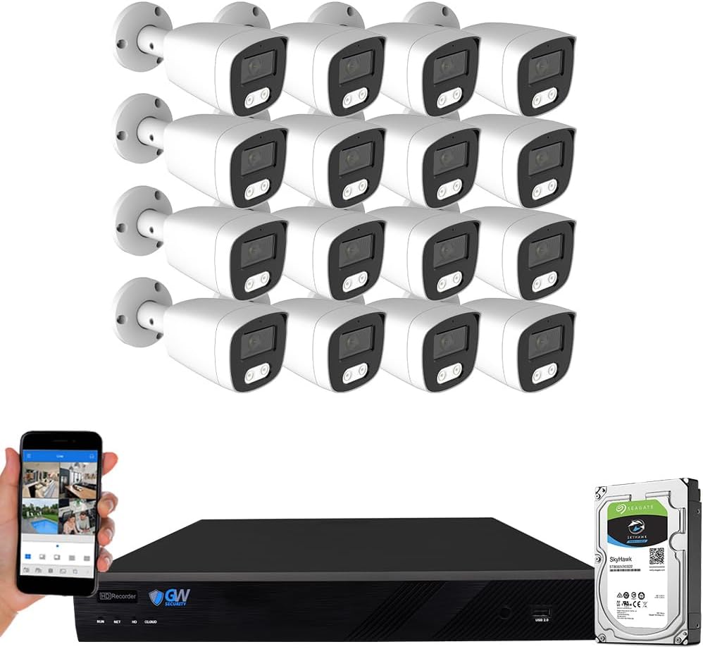 GW Security 16 Channel 4K NVR 8MP AI Human & Vehicle Detection Security Camera System with 16 UHD 4K 2160P Microphone PoE Outdoor/Indoor Waterproof IP Security Bullet Cameras (White)