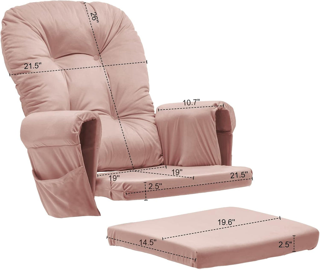 Paddie Glider Rocker Replacement Cushions Velvet with Storage, Rocking Chair Cushion Set with Ties, 5PCS, Pink