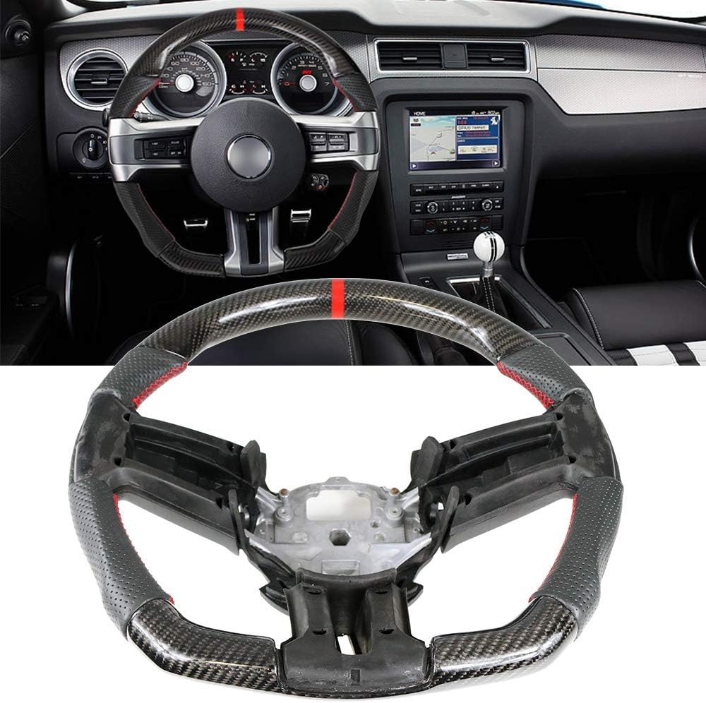 Compatible with 2010-2014 Ford Mustang, Steering Wheel with Red Stitching & Indicator, Black Carbon Fiber & Perforated Leather Steering Wheel Brushed Kit by IKON MOTORSPORTS