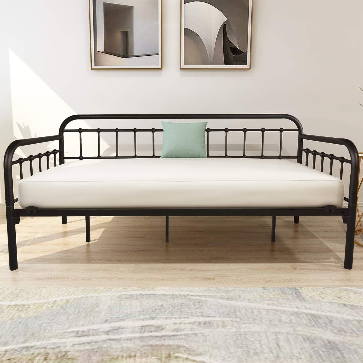 HOMERECOMMEND Metal Daybed Frame Heavy Duty Metal Slats Sofa Bed Platform Mattress Foundation Twin Day Bed Black Sanded Color