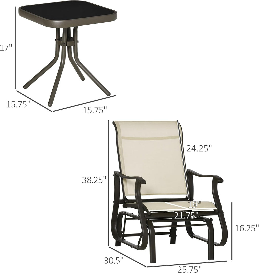 Outsunny 3-Piece Outdoor Gliders Set, Bistro Table and Chairs with Steel Frame, Tempered Glass Top Table for Patio, Garden, Backyard, Lawn, Beige