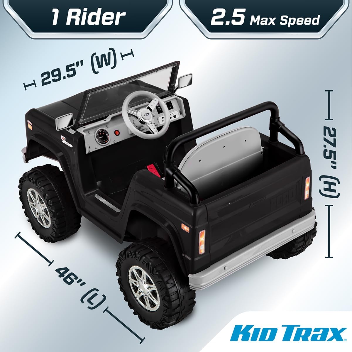 Kid Trax 6V Ford Bronco Ride-On Toy for Ages 3-5, Battery Powered, LED Headlights, FM Radio, MP3, Horn Sounds, Max Weight 60 lb, Electric Car for Kids, Kids Ride On Toys, Truck, SUV, Black, No Remote