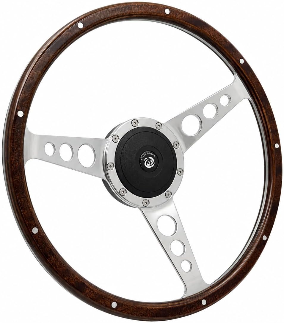 15'' Classic Wood Steering Wheel 9 Rivets with Horn Button