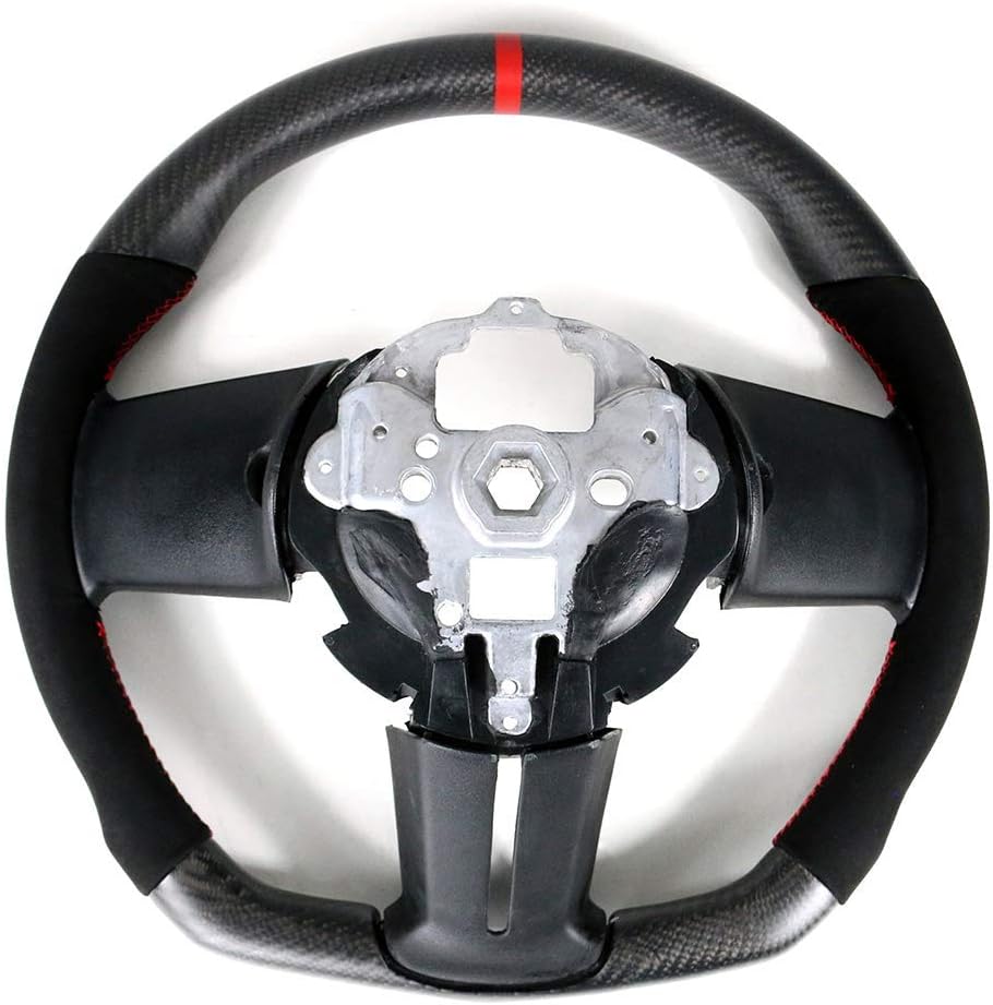 IKON MOTORSPORTS, Steering Wheel Compatible With 2010-2014 Ford Mustang, Matte Carbon Fiber MCF & Synthetic Suede Steering Wheel Brushed Kit With Red Stitching & Indicator, 2011 2012 2013