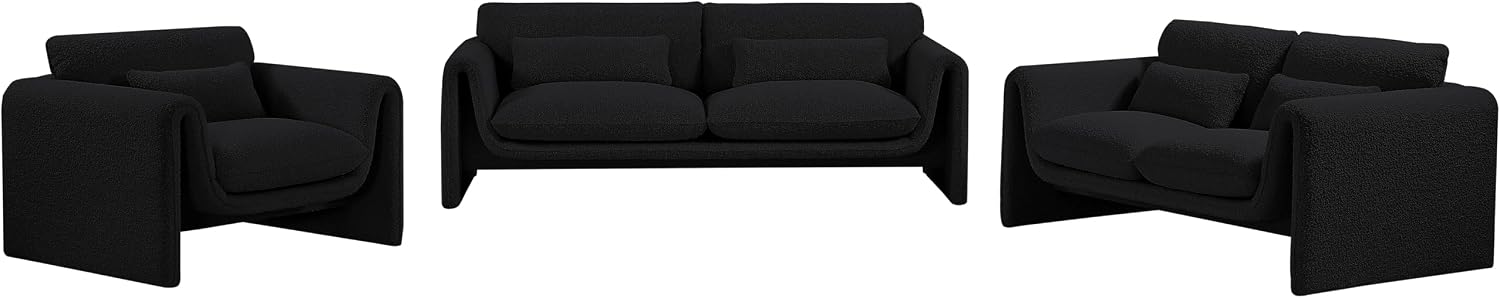 Meridian Furniture 198Black-S Stylus Collection Modern | Contemporary Boucle Fabric Upholstered Sofa with Rich Black Boucle Fabric, Curved Arms, 86' W x 38' D x 31' H, Black