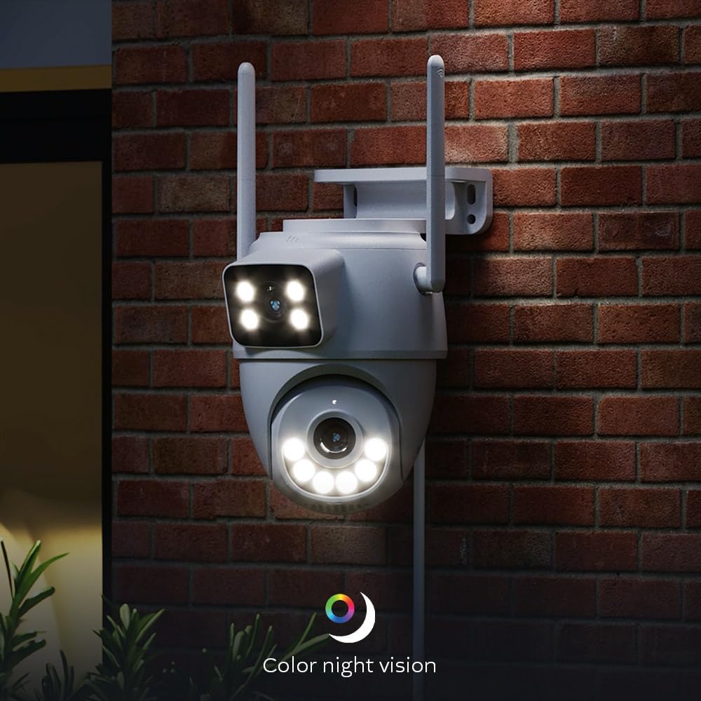 Nexxt Solutions Smart Dual Lens PTZ Wi-Fi Outdoor Security Camera | 2K Dual View Surveillance with Human Detection, Night Vision | Two-Way Audio, 80dB Siren, IP65 Weatherproof, microSD Storage