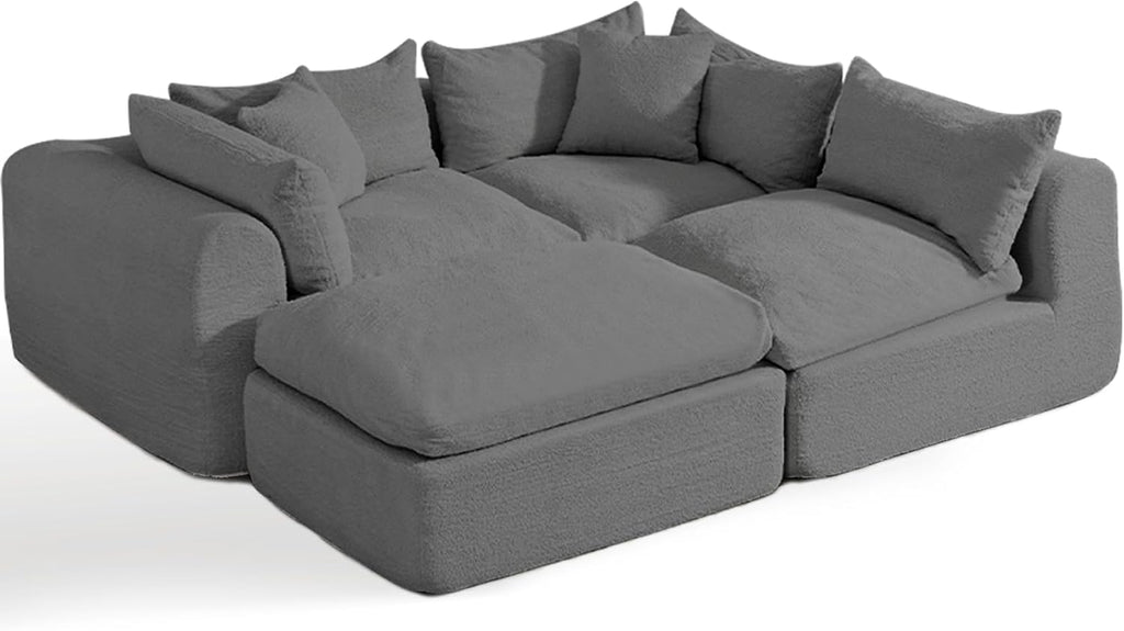 Modular Cloud Couch Sectional, Boneless Sofa with Ottoman, Deep Seat Fluffy Sectional Couch for Living Room & Bedroom, No Assembly Required, Grey