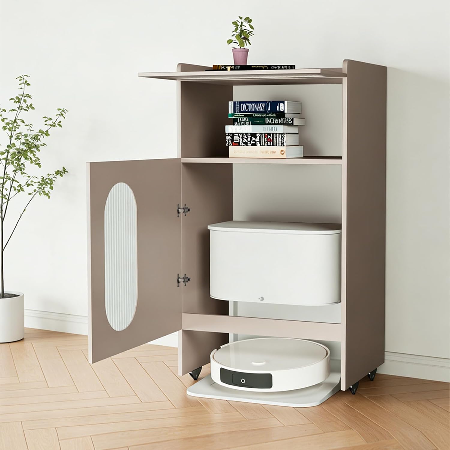 Robot Vacuum Stand Cabinet with Wheels, Hidden Storage Cabinet for Robot Vacuum Cleaner, Wood Storage Cabinet for Living Room, Kitchen, Easy Water Changing