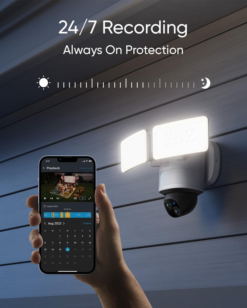eufy Permanent Outdoor Lights E22, 100ft with 60 Triple-LED Lights, Smart RGBWW Lights +E340, Security Camera Outdoor, 24/7 Recording, 2.4G/5G Wi-Fi