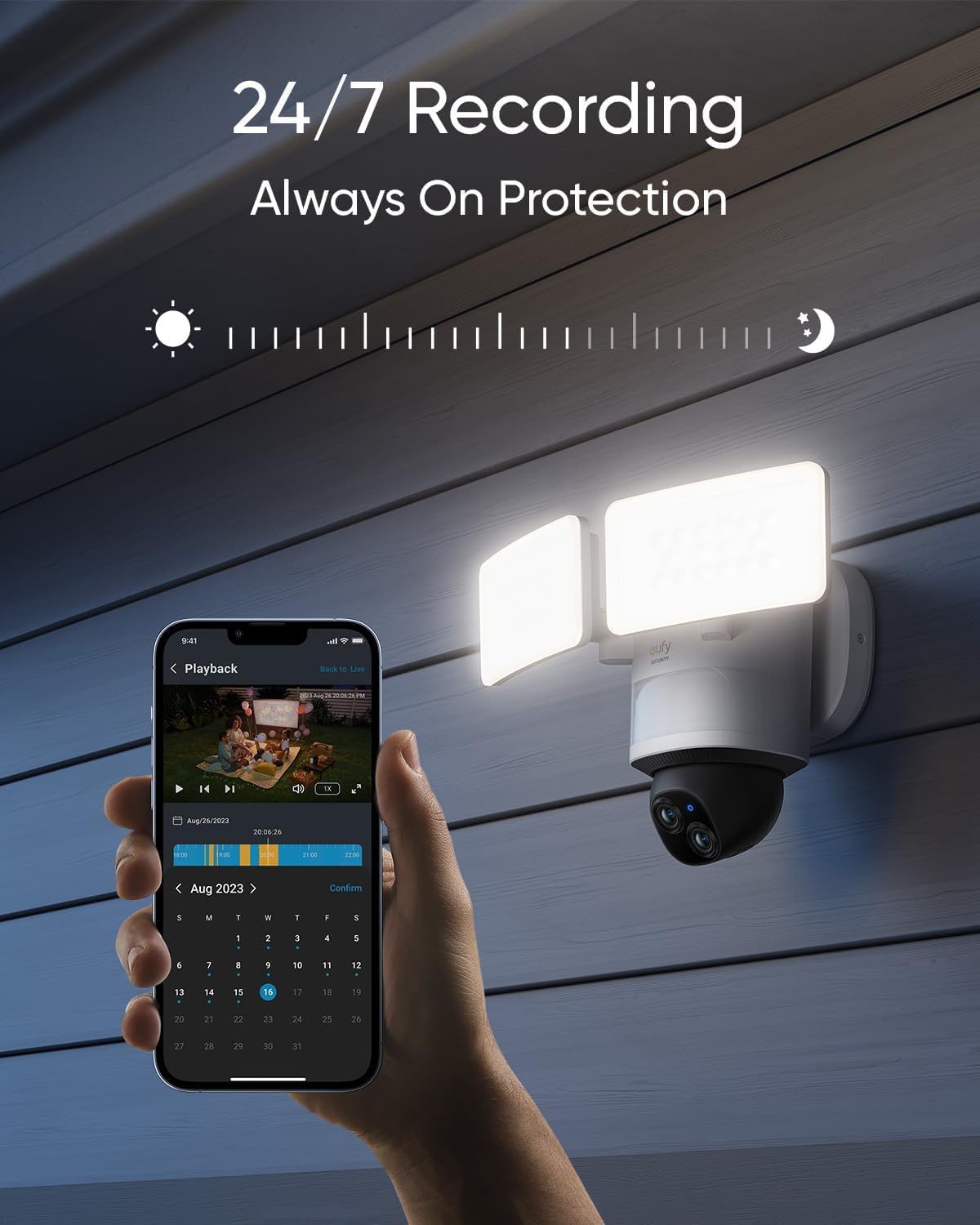 eufy Permanent Outdoor Lights E22, 100ft with 60 Triple-LED Lights, Smart RGBWW Lights +E340, Security Camera Outdoor, 24/7 Recording, 2.4G/5G Wi-Fi