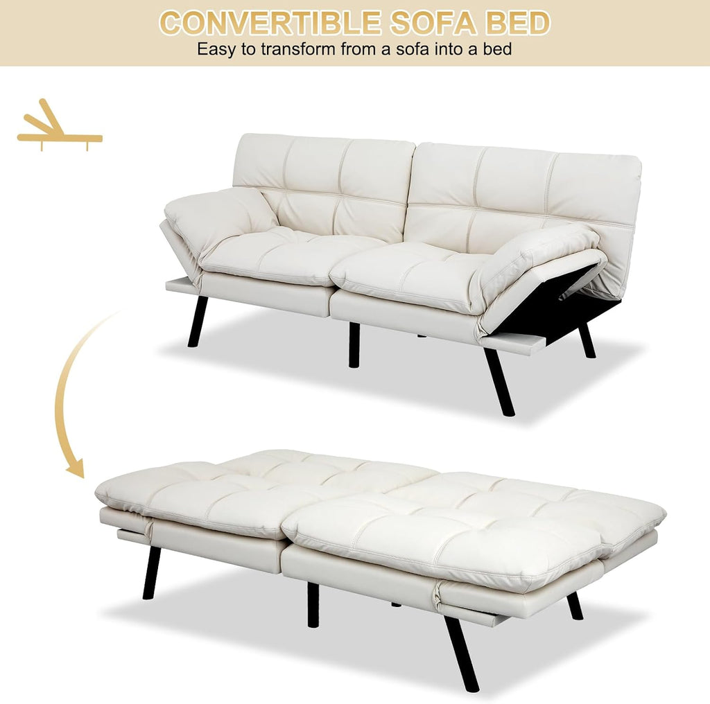 MUUEGM Futon Convertible Sofa Bed, Memory Foam Sleeper Couch,Modern Loveseat for Living Room,Adjustable Armrests Backrest Sofabed, White,Faux Leather.