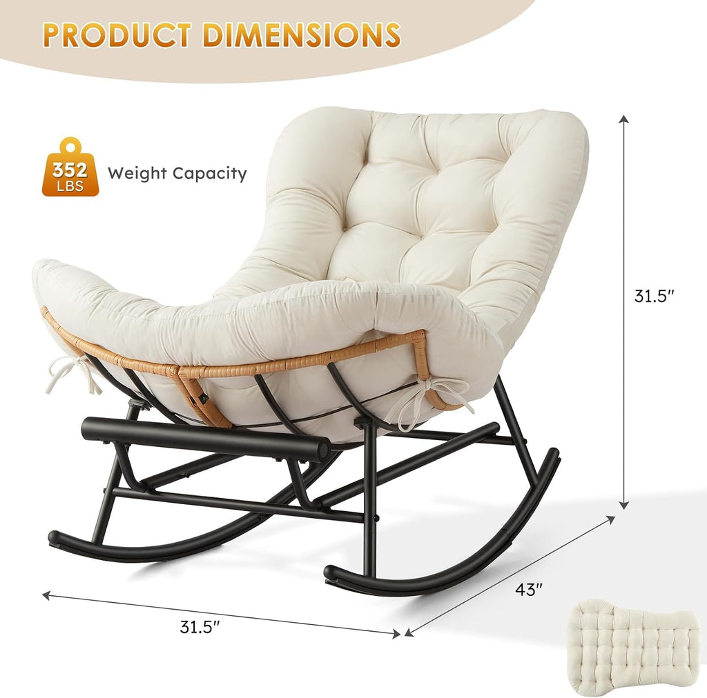 Takywep Rocking Chair - Oversized Outdoor Rocking Chairs with Footrest, Indoor Papasan Rocker Egg Chair for Bedroom, Living Room, Porch, Garden, Lawn (Beige-Flannel)