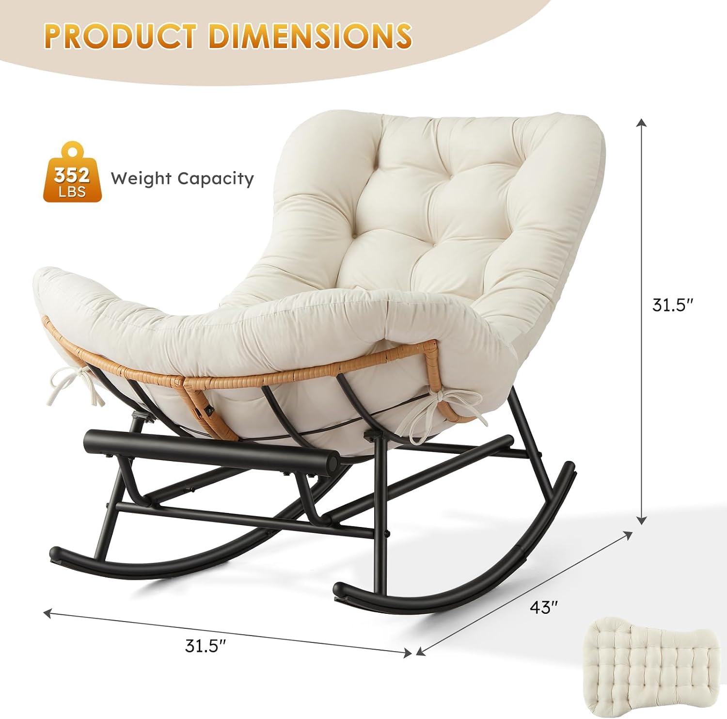 Takywep Rocking Chair - Oversized Outdoor Rocking Chairs with Footrest, Indoor Papasan Rocker Egg Chair for Bedroom, Living Room, Porch, Garden, Lawn (Beige-Flannel)