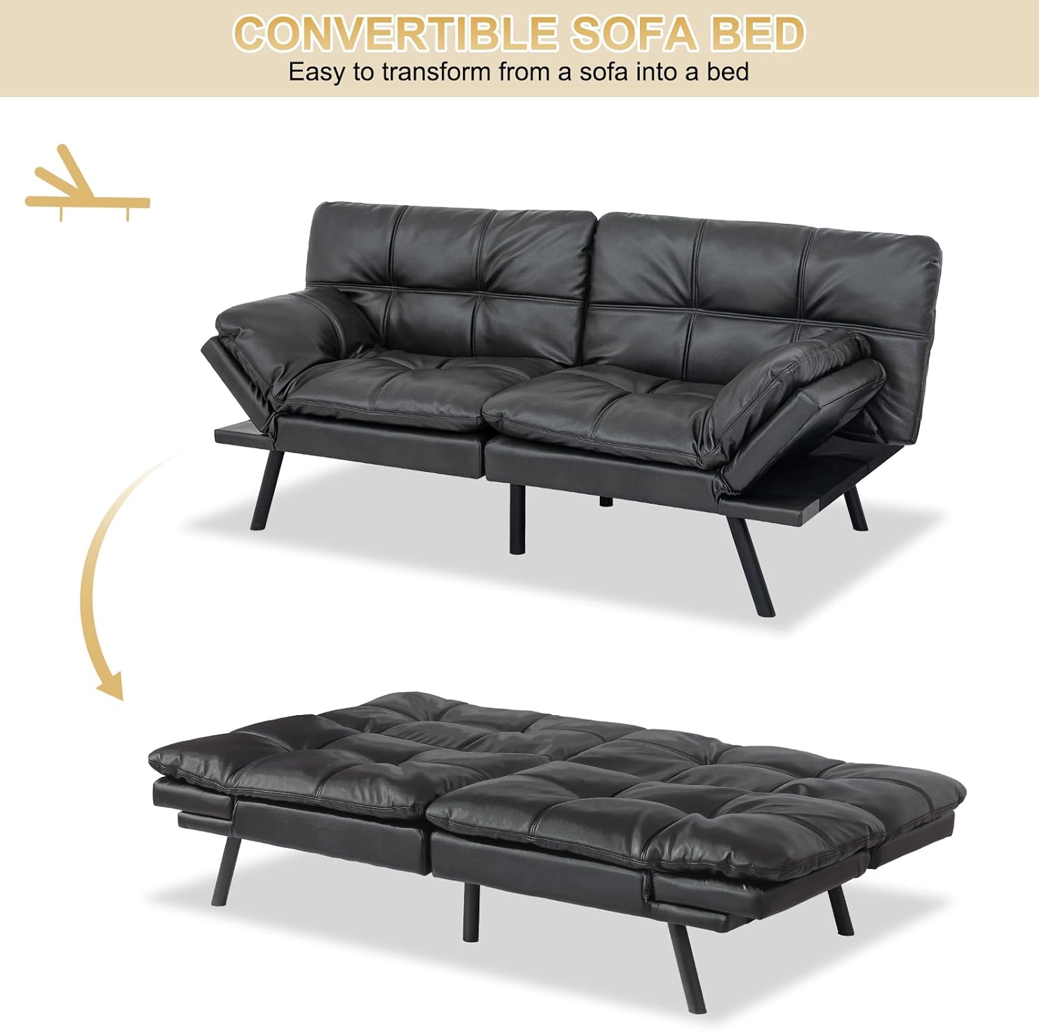 MUUEGM Futon Convertible Sofa Bed, Memory Foam Sleeper Couch,Modern Loveseat for Living Room,Adjustable Armrests Backrest Sofabed,Matte Black,Faux Leather.