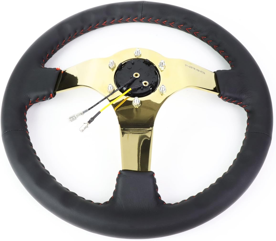 NRG Innovations NRG-RST-036GD Reinforced Steering Wheel - 350mm Sport Steering Wheel (3' deep) Black Leather with Red Baseball Stitching - Chrome Gold Spoke