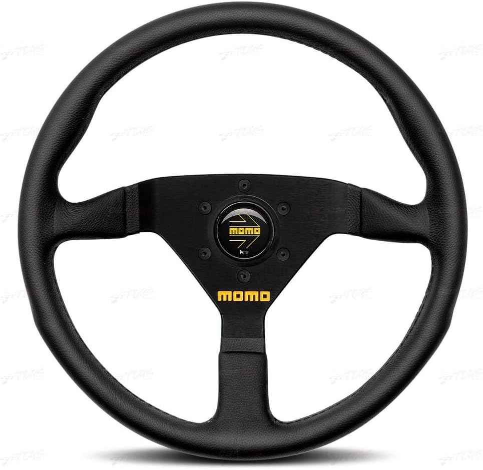 MOMO Motorsport MOD.78 Leather Racing Steering Wheel – 350mm, 36mm Deep Dish, Yellow Horn, 3-Spoke, 6-Bolt Aluminum Frame – Authentic MOMO Italian Aftermarket Wheel. Quick Release Hub Adapter Required
