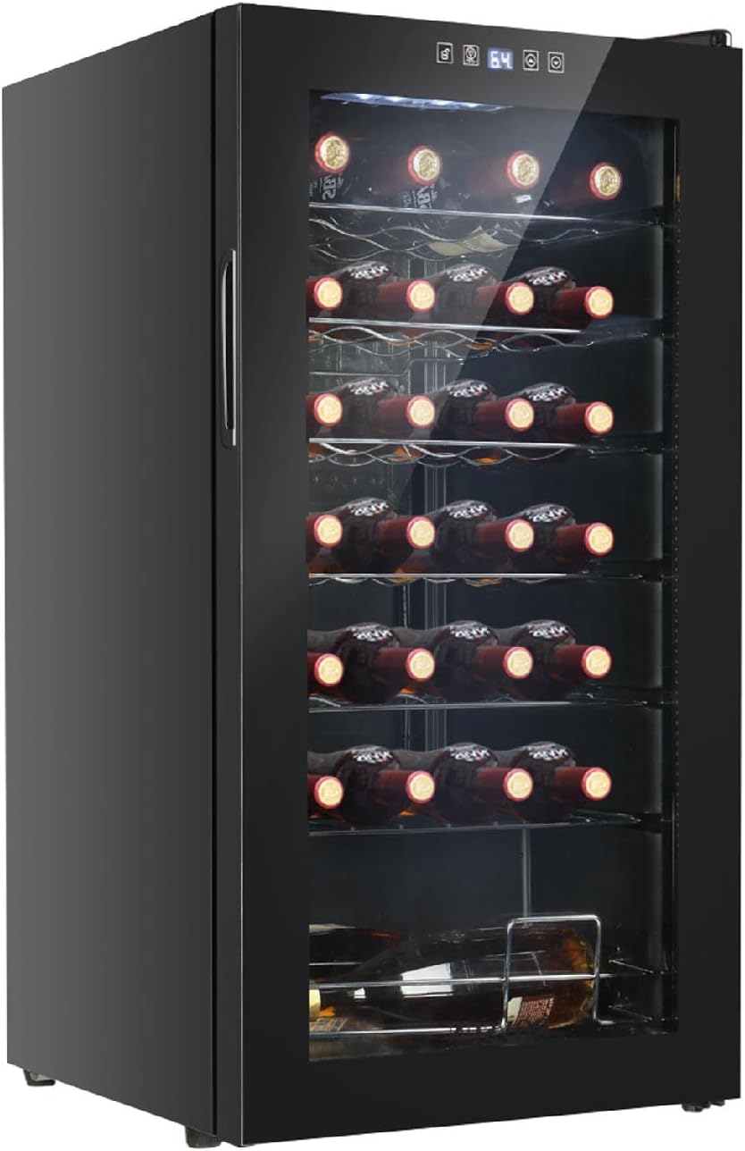 Bonnlo 28 Bottle Wine Cooler Refrigerator, Freestanding Compressor Wine Chiller, Beverage Wine Fridge with Digital Temperature Control & Double-layer Glass Door for Red White Wine, Champagne, Beer