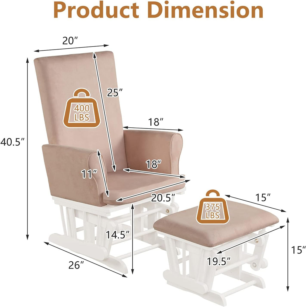 Costzon Glider and Ottoman Set, Wood Baby Rocker Nursery Furniture for Napping Reading Nursing, Cleanable Upholstered Comfort Rocking Nursery Chair with Detachable Cushion (Pink)