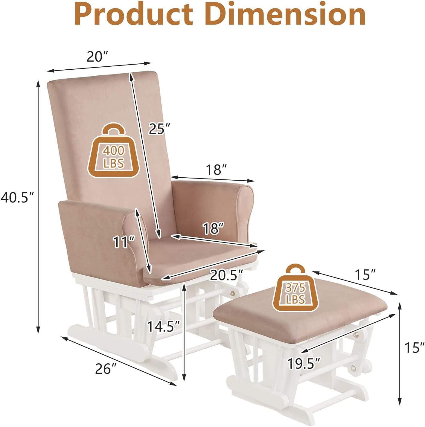 Costzon Glider and Ottoman Set, Wood Baby Rocker Nursery Furniture for Napping Reading Nursing, Cleanable Upholstered Comfort Rocking Nursery Chair with Detachable Cushion (Pink)