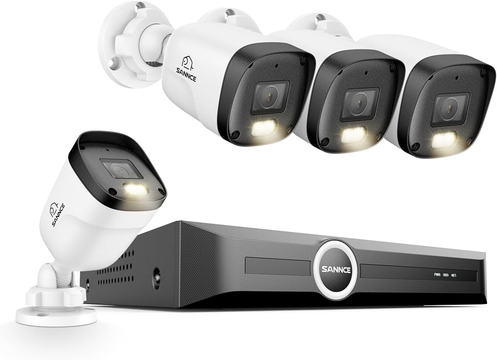 SANNCE 2K 3MP PoE Security Camera System - 8CH 6MP Surveillance NVR with 4PCS 3MP HD Weatherproof Bullet Cameras, Clear Full Color Night Vision, Audio Recording (Without HDD)