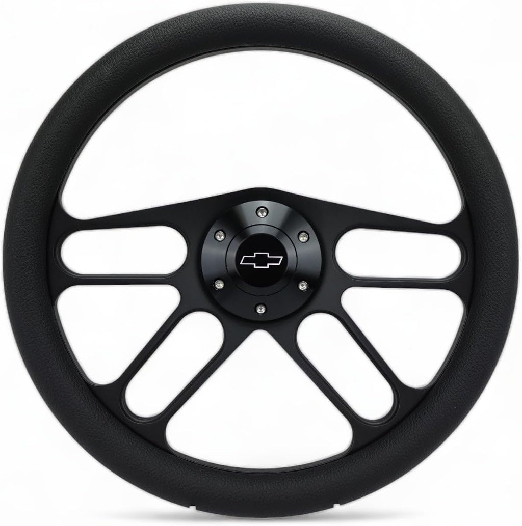 14' Billet Black Aluminum Muscle - Half Wrap 6 Hole Steering Wheel With Chevy Horn Button 4 Spoke