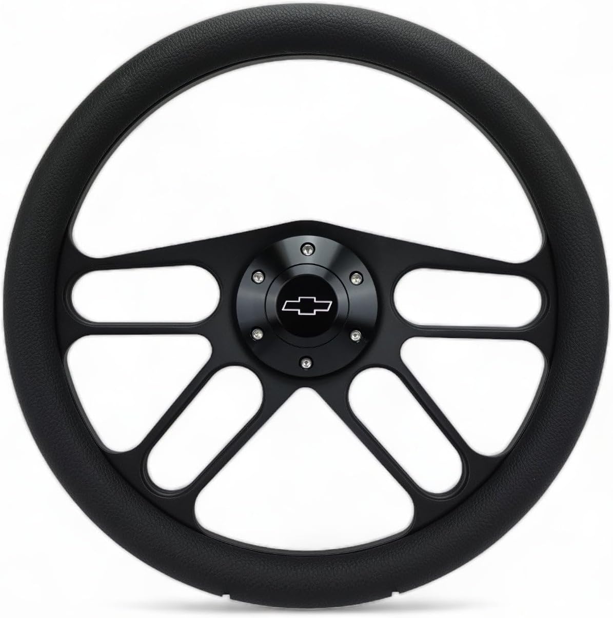 14' Billet Black Aluminum Muscle - Half Wrap 6 Hole Steering Wheel With Chevy Horn Button 4 Spoke