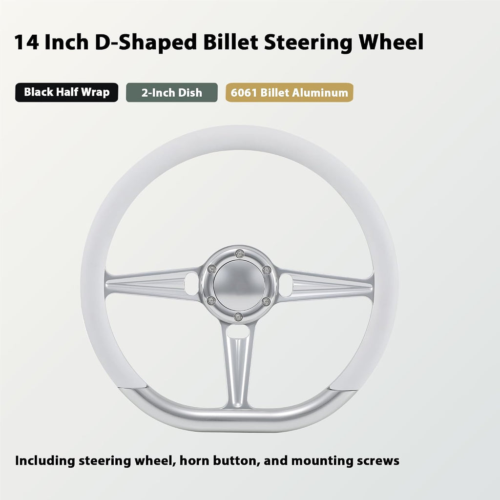 14' Satin Billet Steering Wheel with Half Wrap and Horn Button (White)
