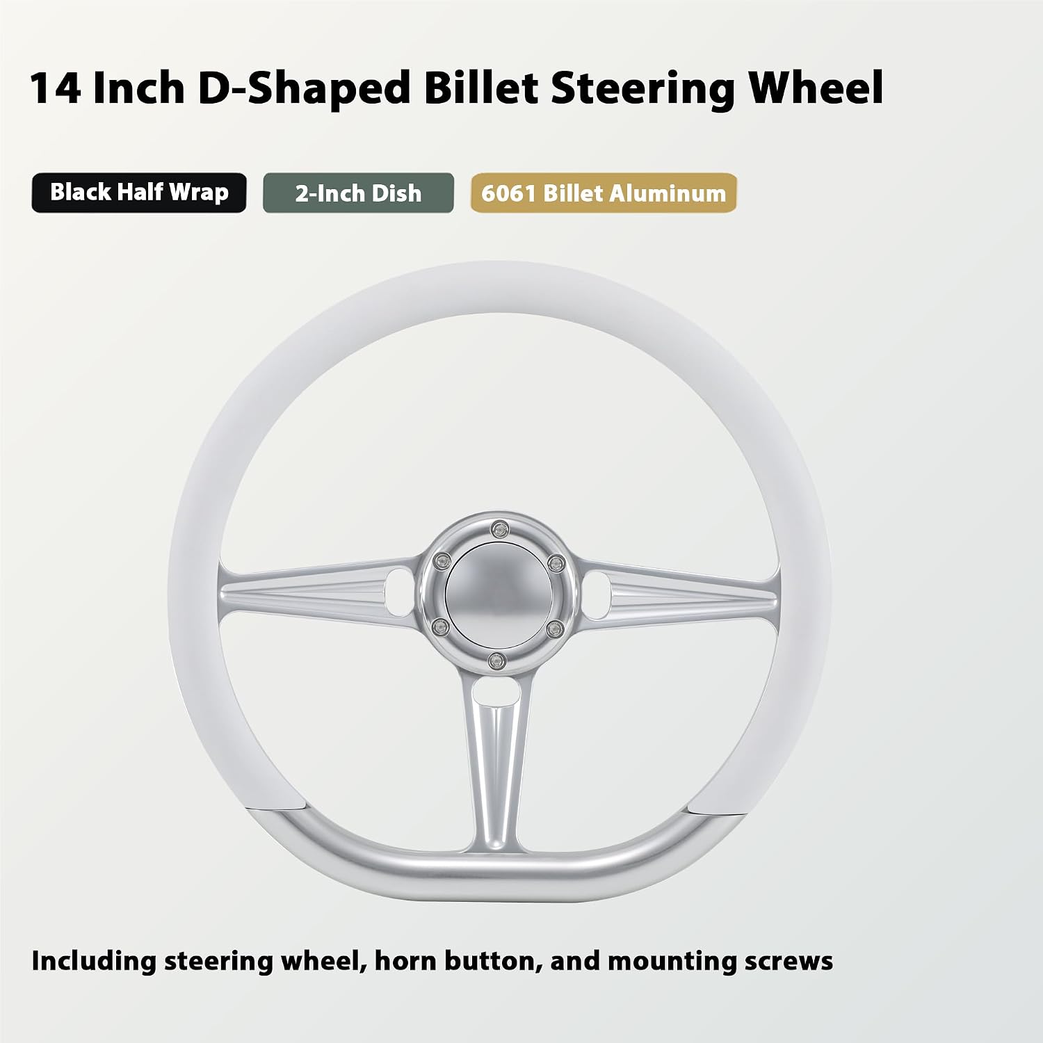 14' Satin Billet Steering Wheel with Half Wrap and Horn Button (White)