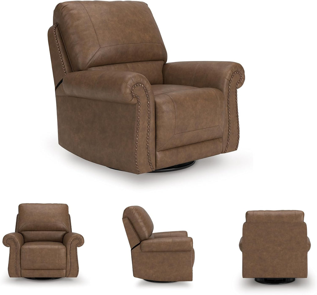 Signature Design by Ashley Shadsburne Classic Faux Leather Manual Rocker Swivel Glider Recliner with Nailhead Trim, Brown