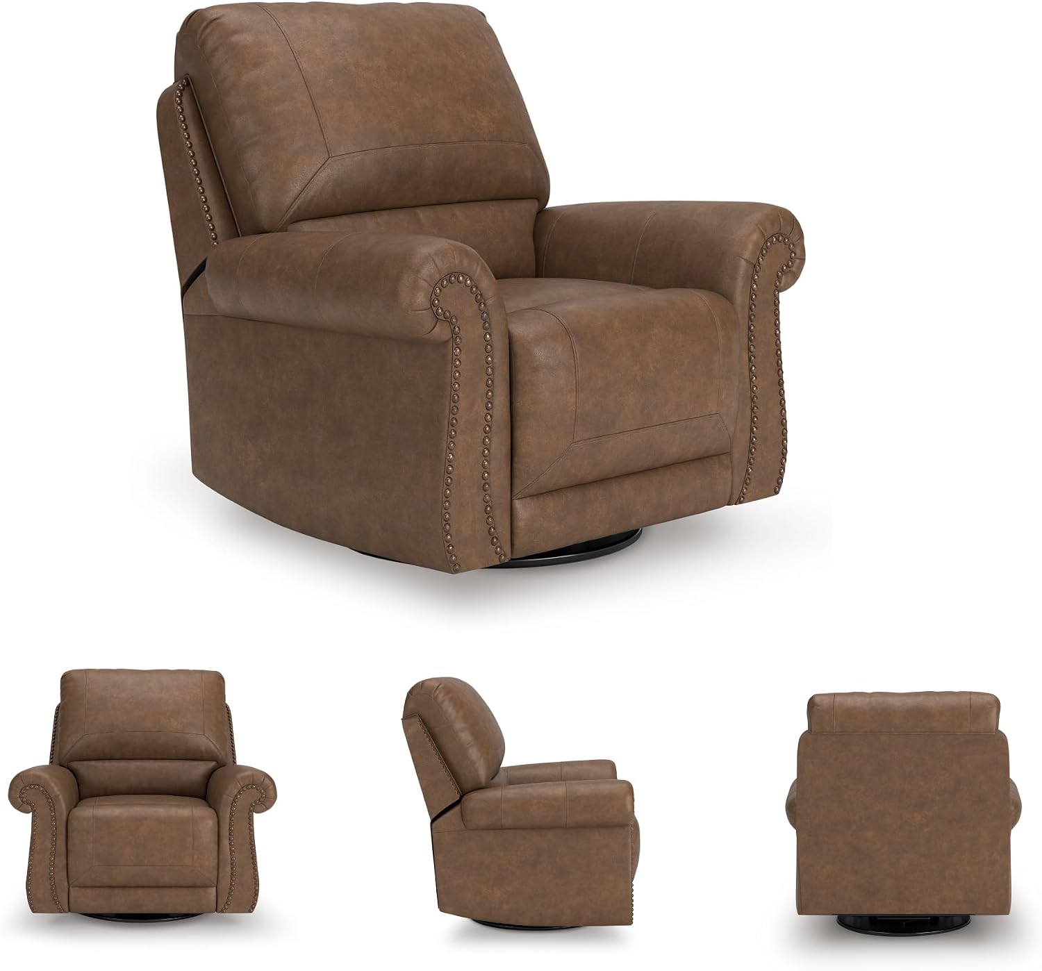 Signature Design by Ashley Shadsburne Classic Faux Leather Manual Rocker Swivel Glider Recliner with Nailhead Trim, Brown