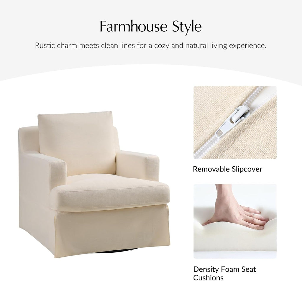 HULALA HOME Swivel Rocker Chair with Solid Wood Frame, Farmhouse Swivel Rocking Accent Chair with Washable Slipcover, Upholstered Barrel Armchair Down Blend Back and Seat Cushions, Linen
