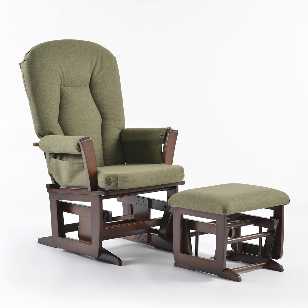 Joli Deluxe Glider Chair and Ottoman Set (Green Fabric and Walnut Frame)