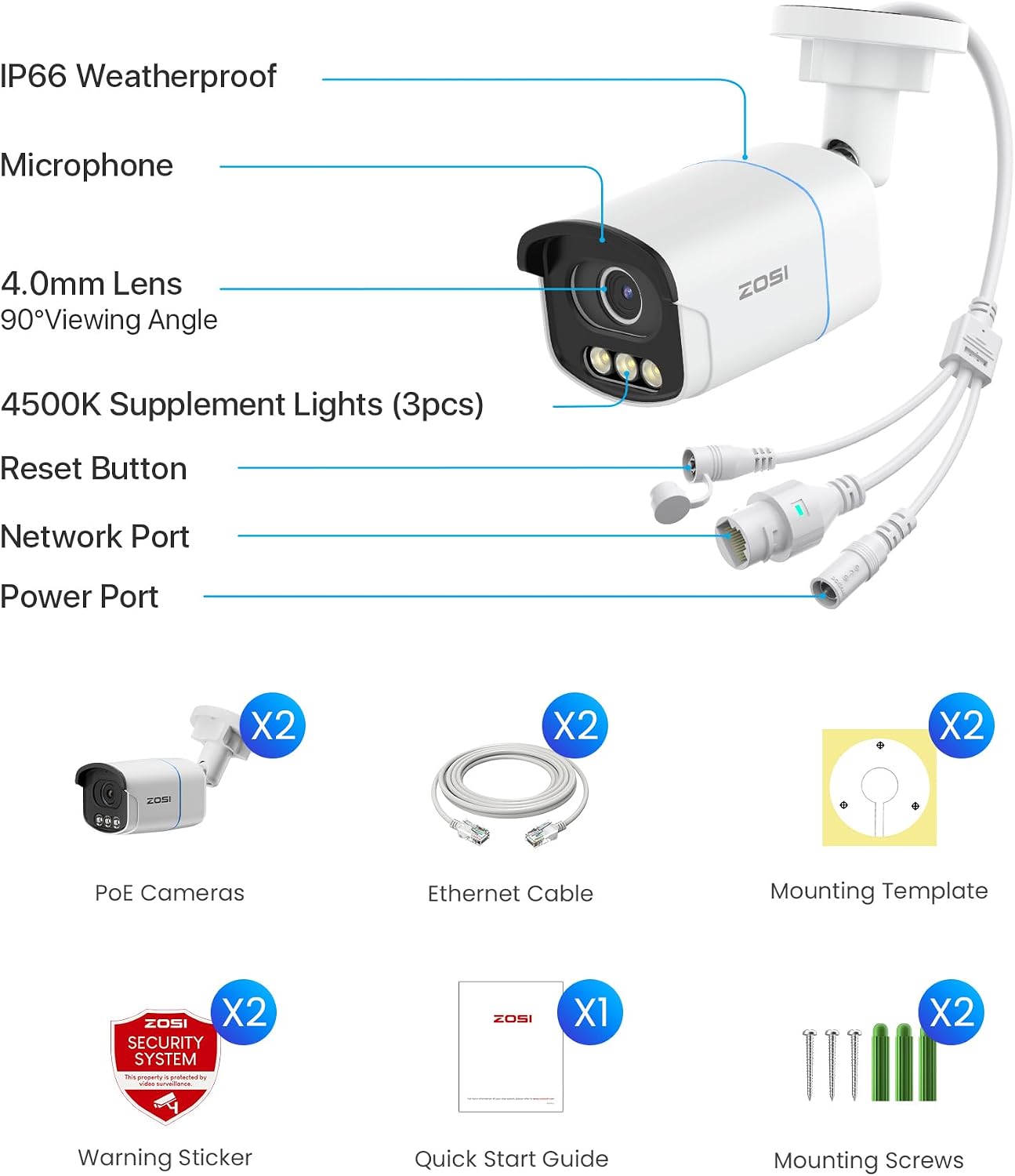 ZOSI 2PK C186 4K Add on PoE Security Camera with Ethernet Cables,True Color Night Vision,8MP Outdoor Indoor,Person/Vehicle Detection,2-Way Audio,Spotlight Siren,Only Compatible 4K PoE NVR