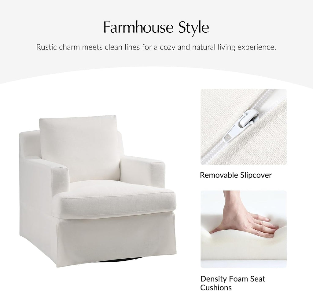 HULALA HOME Swivel Rocker Chairs Set of 2 with Solid Wood Frame, Farmhouse Swivel Rocking Accent Chairs with Washable Slipcover, Upholstered Barrel Armchairs Down Blend Back and Seat Cushions, White