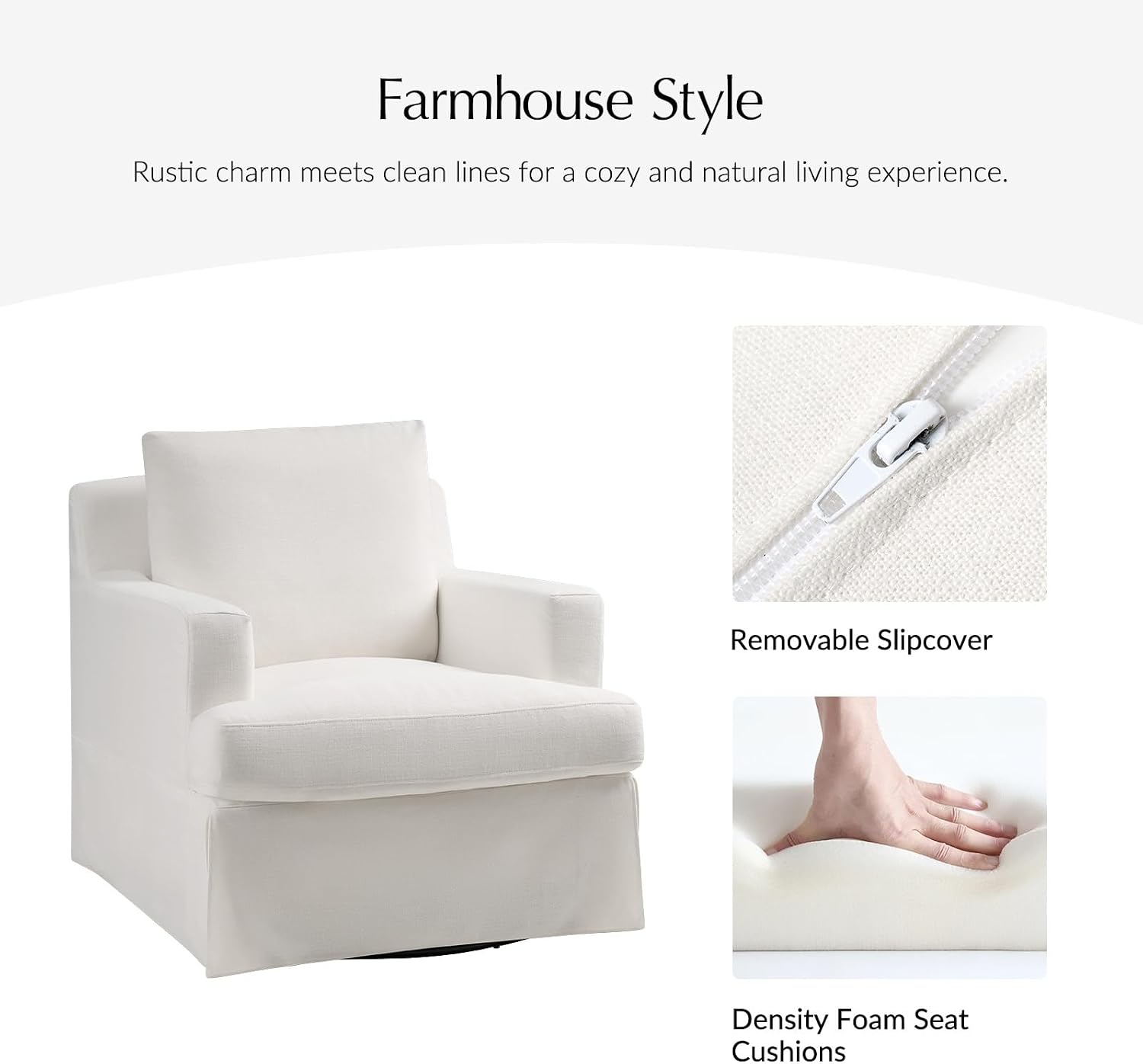 HULALA HOME Swivel Rocker Chairs Set of 2 with Solid Wood Frame, Farmhouse Swivel Rocking Accent Chairs with Washable Slipcover, Upholstered Barrel Armchairs Down Blend Back and Seat Cushions, White