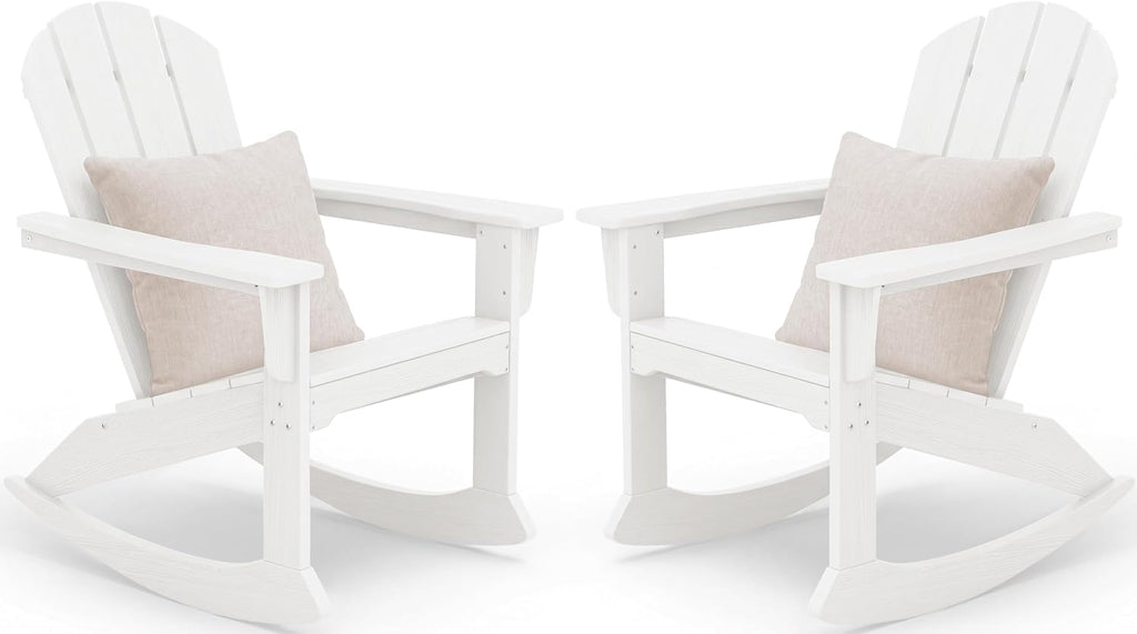 SERWALL Outdoor Adirondack Rocking Chairs Set of 2 with Pillows(500 PP Cotton Filling), All-Weather HDPE Adirondack Rocker Chair, Front Porch Rocker Chairs for Patio Lawn Porch Deck, White