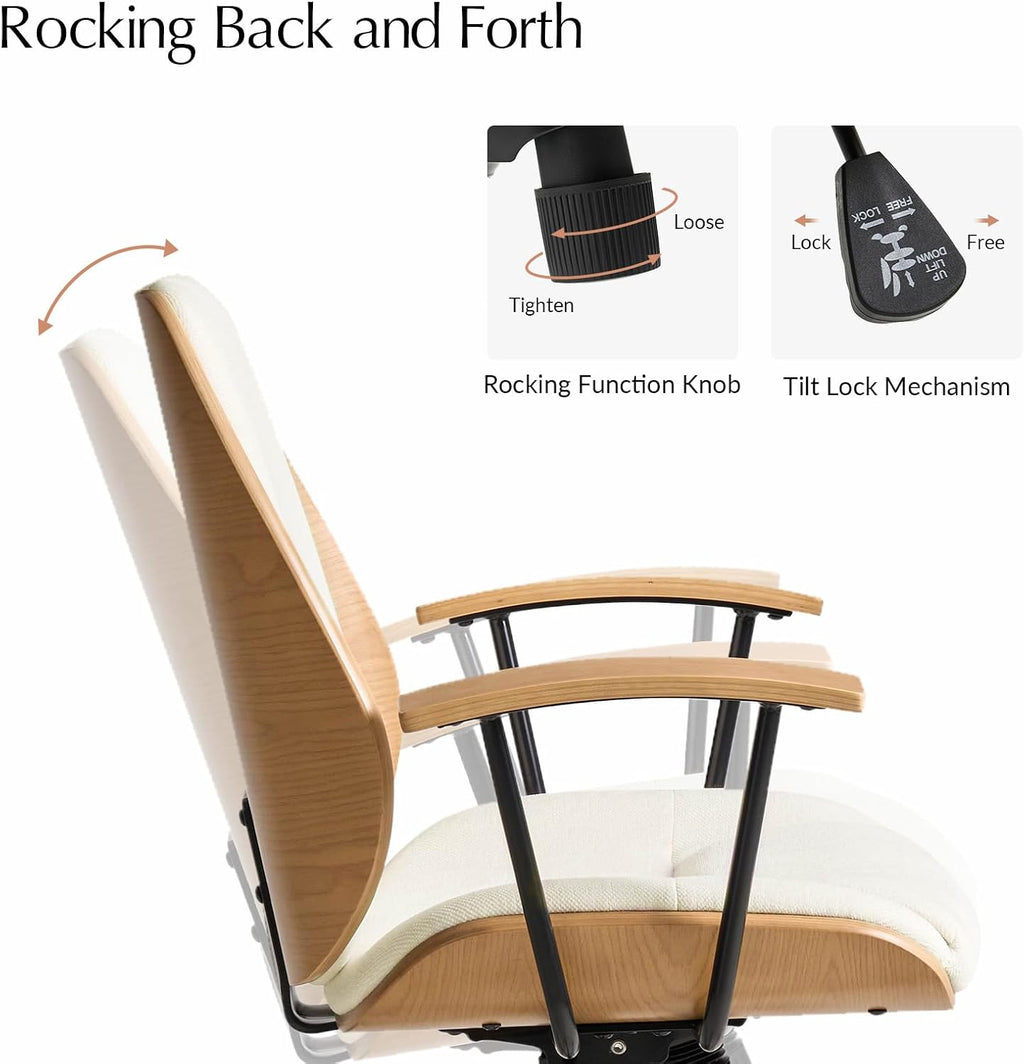 HULALA HOME Solid Wood Office Chair with Rocking Function, Comfy Fabric Desk Chair with Bent Wood and Metal Base, Height Adjustable Swivel Computer Task Chair, Ivory