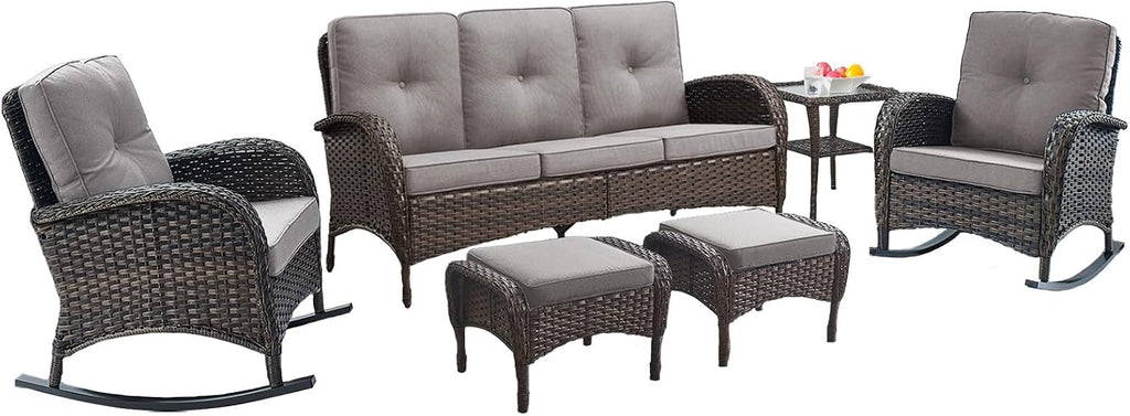 Belord Patio Rocking Chairs Furniture Set of 6, Outdoor Wicker Furniture Sets with Wicker Rocker, Small Patio Conversation Sets with Outdoor Couch Ottomans Brown/Grey