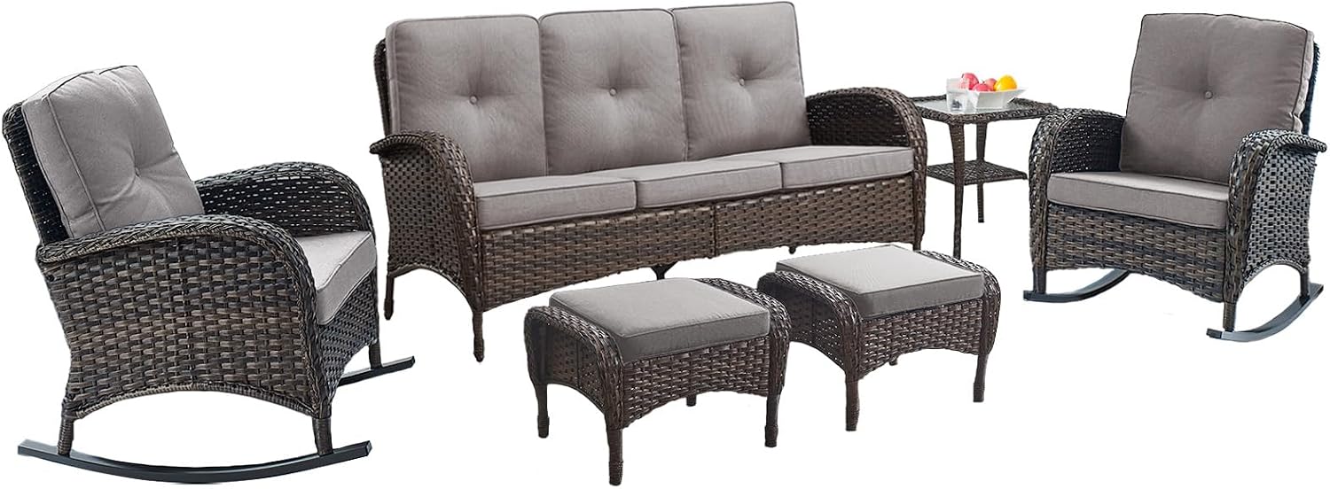 Belord Patio Rocking Chairs Furniture Set of 6, Outdoor Wicker Furniture Sets with Wicker Rocker, Small Patio Conversation Sets with Outdoor Couch Ottomans Brown/Grey