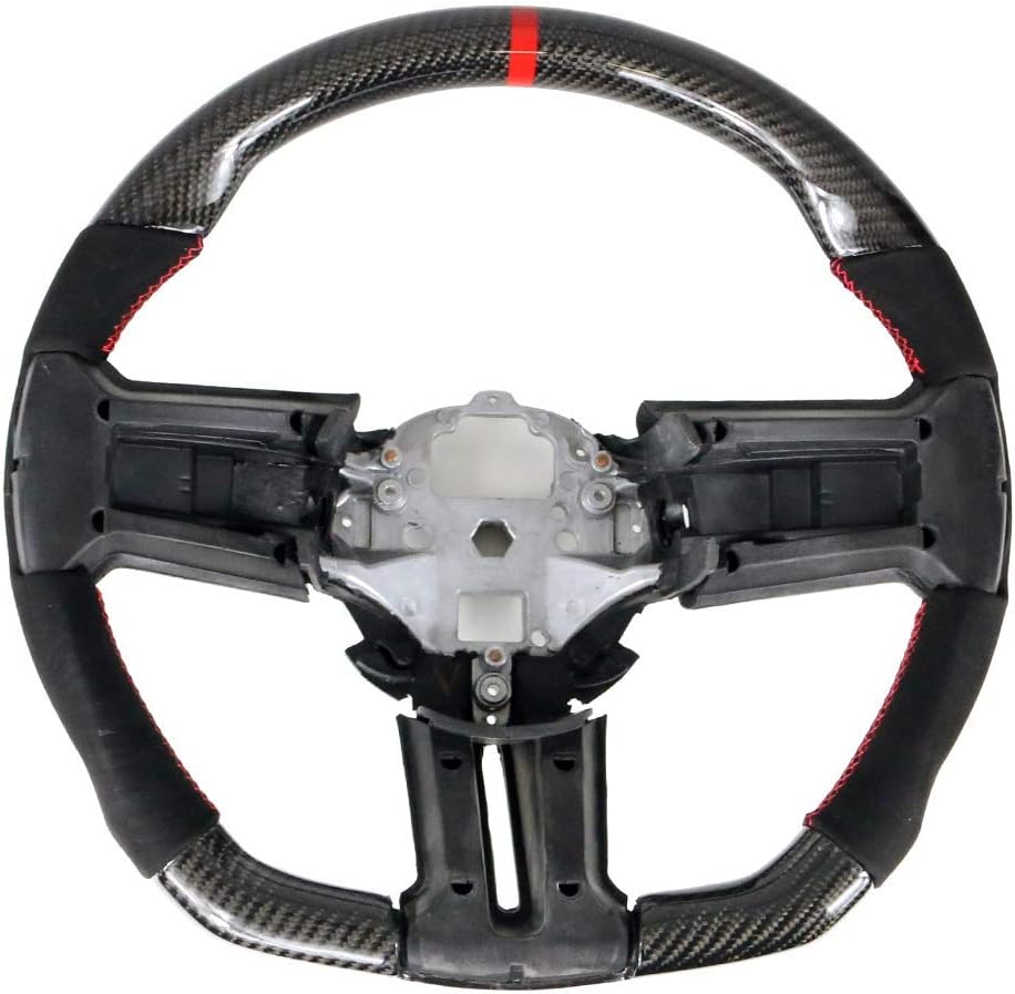 IKON MOTORSPORTS, Steering Wheel Compatible With 2010-2014 Ford Mustang, Black Carbon Fiber & Synthetic Suede Steering Wheel Brushed Kit With Red Stitching & Indicator, 2011 2012 2013