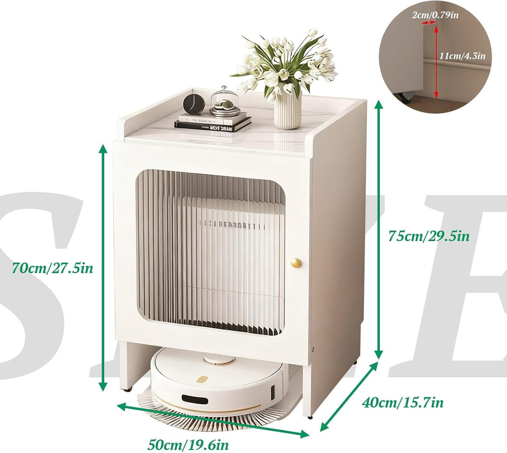 Mobile Storage Cabinet Corner Hidden Robot Vacuum Stand for Self-Emptying Robot Vacuum and Mop Storage Cabinet with Drawers Wood Accent End Table Wheels Home Living Room(White,19.6x15.7x29.5in)