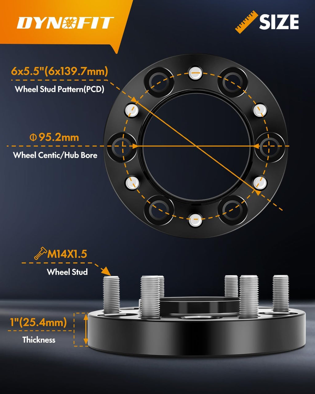 dynofit 1' 6x5.5 Wheel Spacers Hub Centric for 2022-2026 Tundra,Forged 4Pcs 95.2mm M14x1.5 Spacers for 2025+ 4Runner/2024+ Tacoma/Sequoia/Land Cruiser 6x139.7 6-Lug Truck