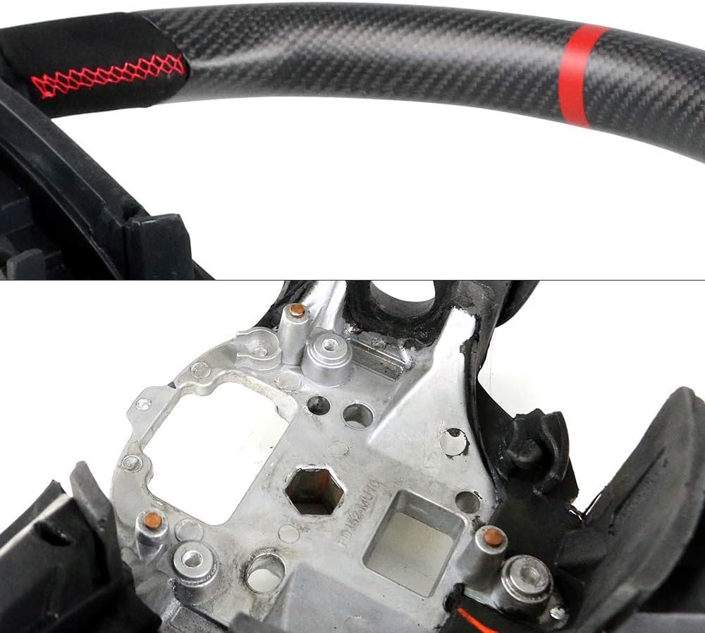 IKON MOTORSPORTS, Steering Wheel Compatible With 2010-2014 Ford Mustang, Matte Carbon Fiber MCF & Synthetic Suede Steering Wheel Brushed Kit With Red Stitching & Indicator, 2011 2012 2013