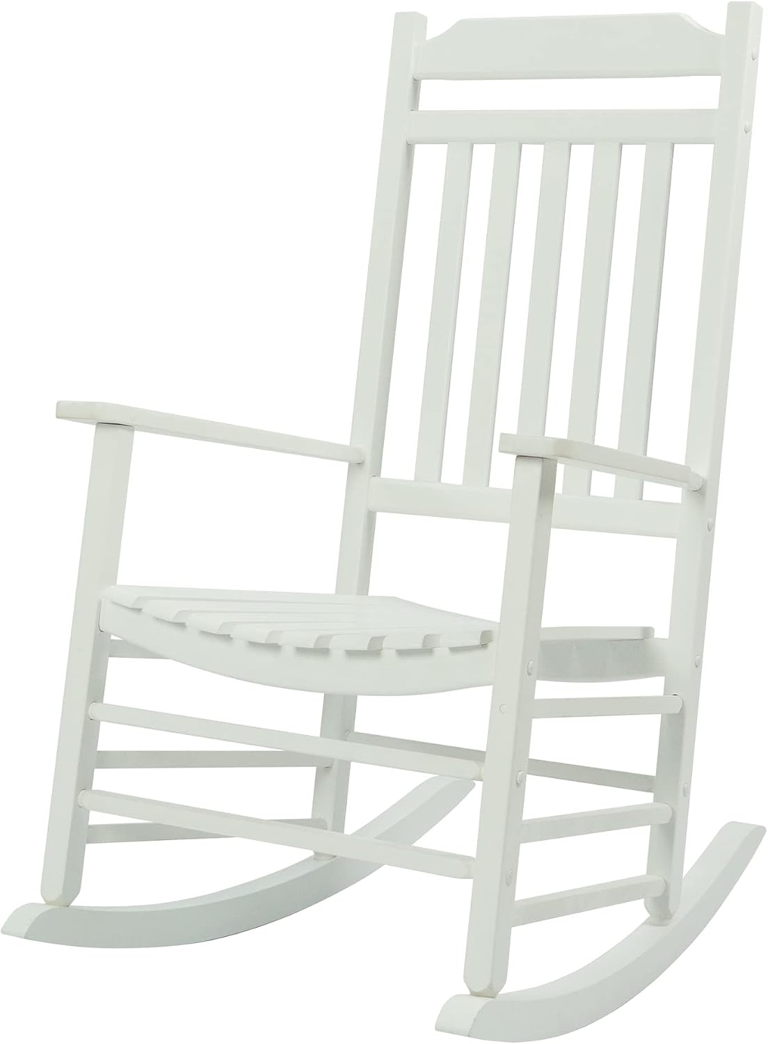 Kozyard Wooden Rocking Chair, Solid Wood Outdoor Rocker Chair with High Back & Slatted Seat, Ergonomic Porch Rocking Chair for Patio, Balcony, Garden, Indoor Outdoor Use (White)
