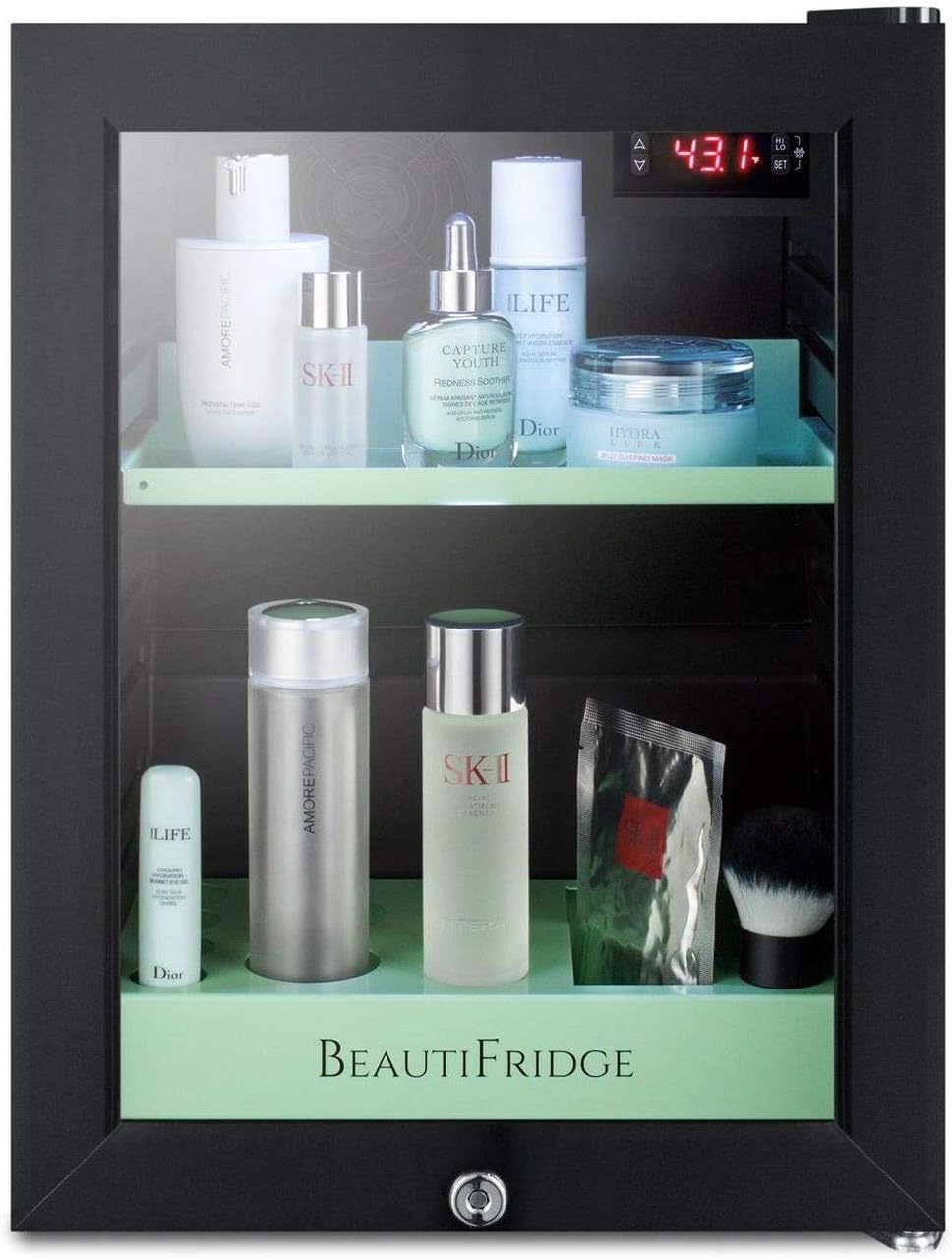 Summit Appliance LX114LG BeautiFridge Compact Cosmetics Cooler with Glass Door, Black; 0.85 cu.ft Capacity, Digital thermostat, Automatic defrost, Factory Installed Lock, Bottle Shelf, Removable Trays