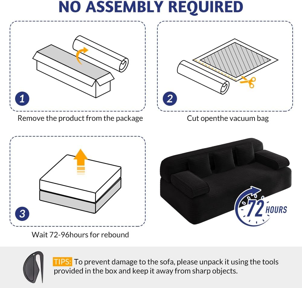 78.7'' Boneless Couches Queen, Corduroy Futon Sofa Bed, Modern Floor Couch, Cloud Convertible Sleeper Sofa Daybed, Comfy Loveseat, 3 Pillows, for Small Spaces, Living Room, Apartment, Black
