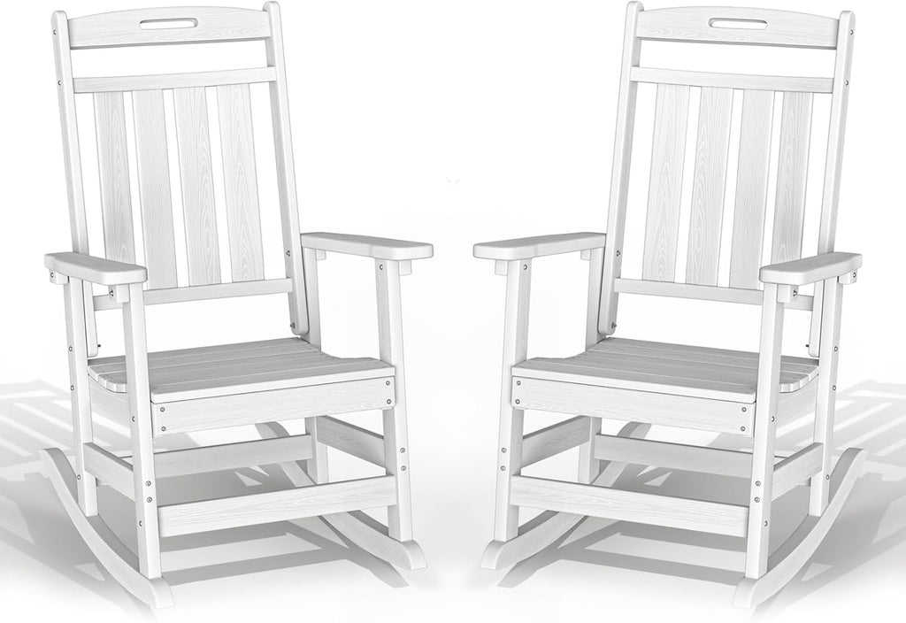 Plawdlik Oversized Outdoor Rocking Chairs 2 Pack - All-Weather HDPE Heavy Duty Patio Rockers with High Back - Modern Style for Porch, Garden - White