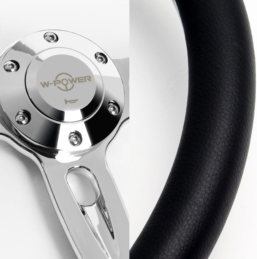 W-Power, 14' Universal 350mm 6 Bolt Hole Aluminum Polished Vinyl Wrap Leather Trim Steering Wheel, Chrome Horn Button JDM Euro VIP Style, 2' Deep (Black Vinyl Wrap Leather)
